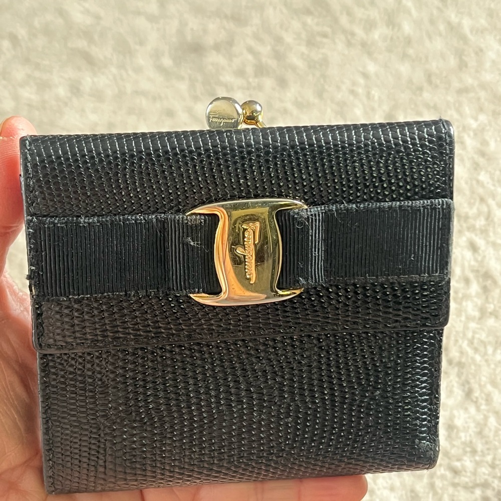 Salvatore Ferragamo Black and Gold Embossed Leather Wallet Designer Wallet Beaut